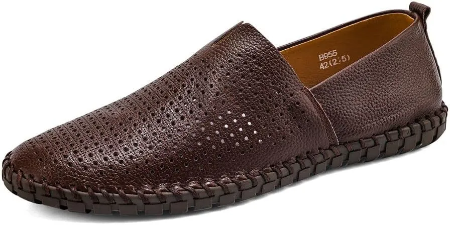 Men's Genuine Leather Loafer Shoes Slip On Soft Walking Shoes Perforated Driving Shoes