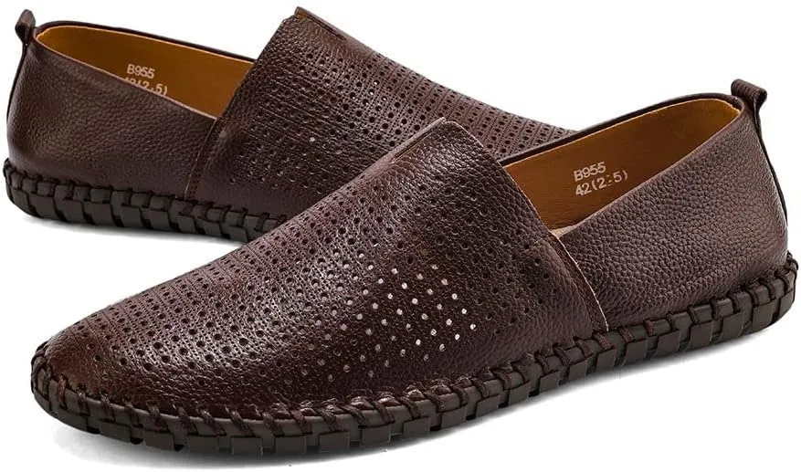 Men's Genuine Leather Loafer Shoes Slip On Soft Walking Shoes Perforated Driving Shoes