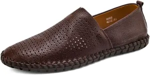 Men's Genuine Leather Loafer Shoes Slip On Soft Walking Shoes Perforated Driving Shoes