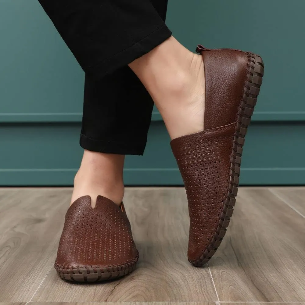 Men's Genuine Leather Loafer Shoes Slip On Soft Walking Shoes Perforated Driving Shoes