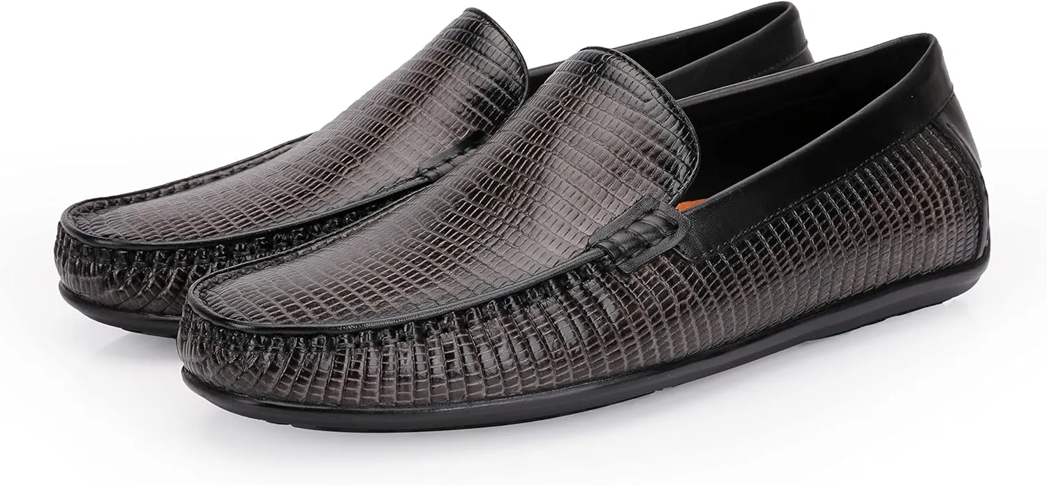 Men's Genuine Leather Loafers Crocodile Printed Slip On Soft Driving Dress Shoes