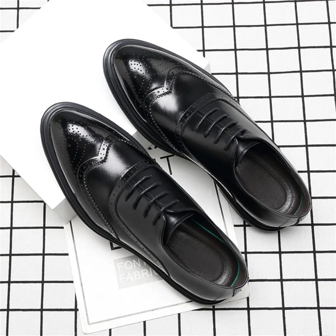 Men's Height Increasing Leather Brogues Non-Slip Dress Business Oxfords Shoes Lace-Ups Elevator Shoes for Men
