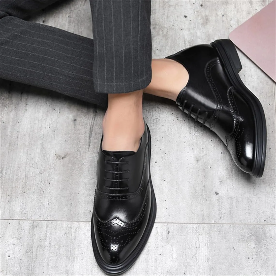 Men's Height Increasing Leather Brogues Non-Slip Dress Business Oxfords Shoes Lace-Ups Elevator Shoes for Men