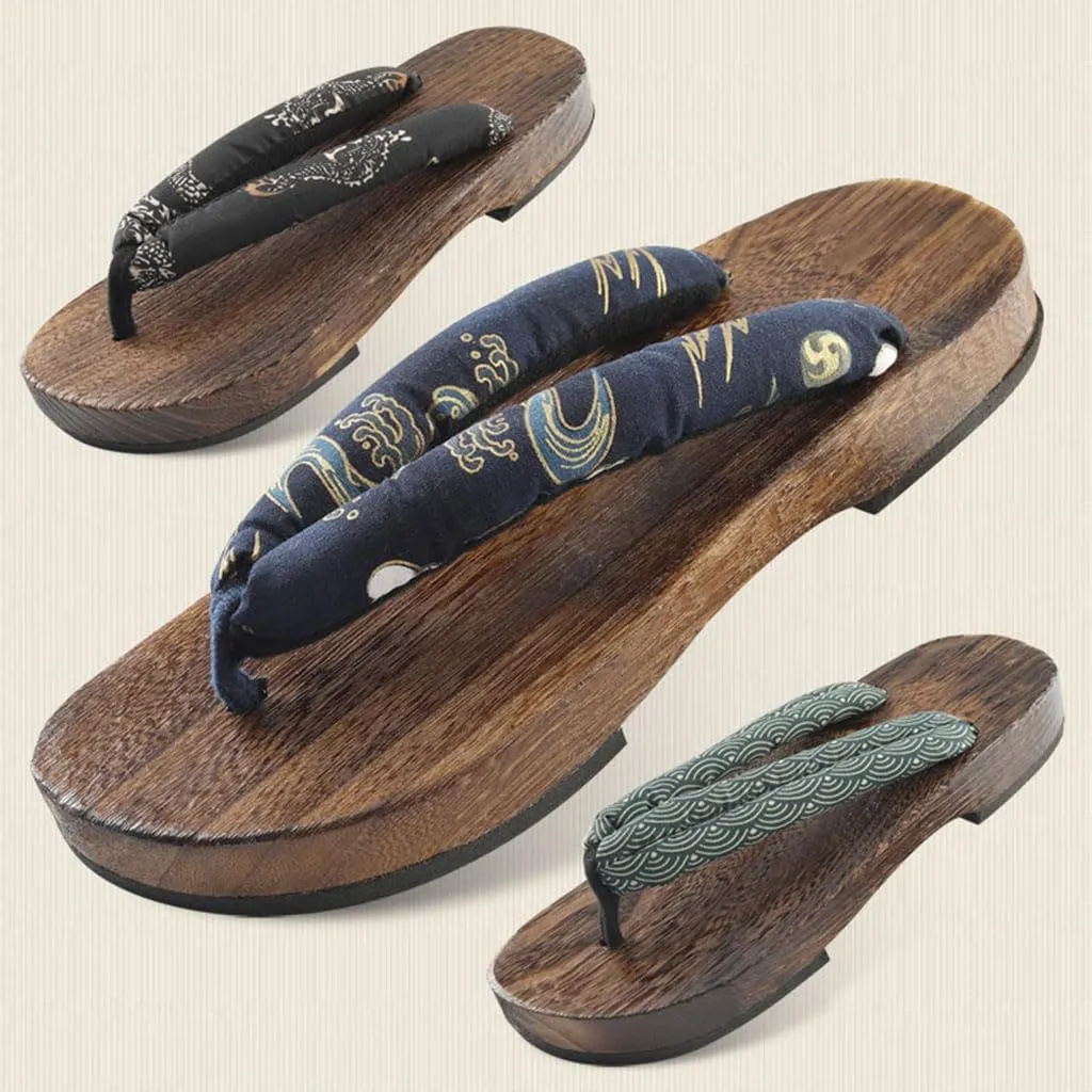 Men's Japanese style flat wooden clogs Slippers,flip flop thick soled casual home and outdoor Sandals,Anti- skid Fashion Slippers Summer Beach Footwear