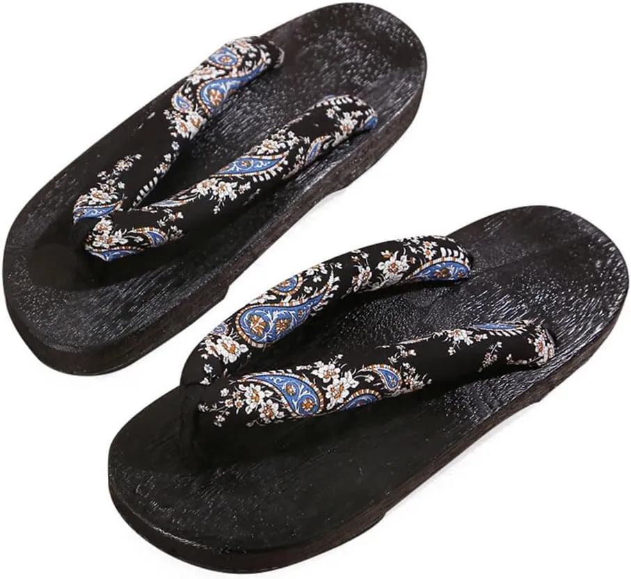 Men's Japanese style flat wooden clogs Slippers,flip flop thick soled casual home and outdoor Sandals,Anti- skid Fashion Slippers Summer Beach Footwear