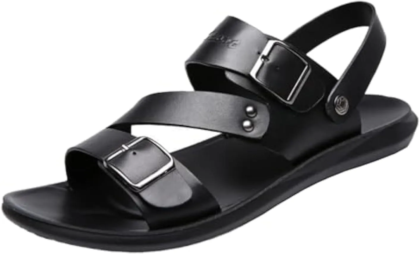 Men's Leather Buckle Casual Flat Sandals with Adjustable Dual use Ankle Straps Slip-On Beach Sandals Open Toe Non-Slip Soft Comfortable Slide Sandals