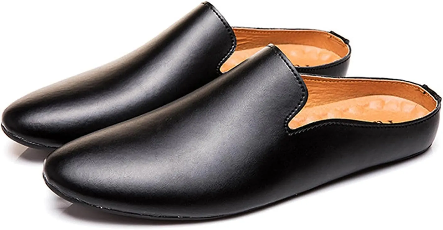Men's Leather Open Back Flat Mules Vintage Round Toe Soft Sole Non-Slip Slip-On Formal Slippers Business Work Driving Walking Shoes
