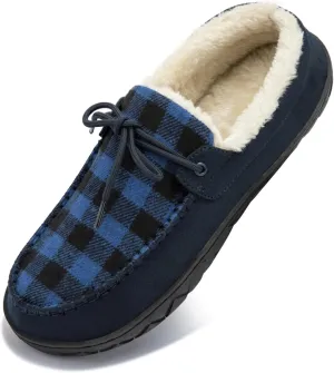 Men's Moccasin Slippers Warm Memory Foam Soft Plush Lined Slip on Indoor Outdoor House Shoes