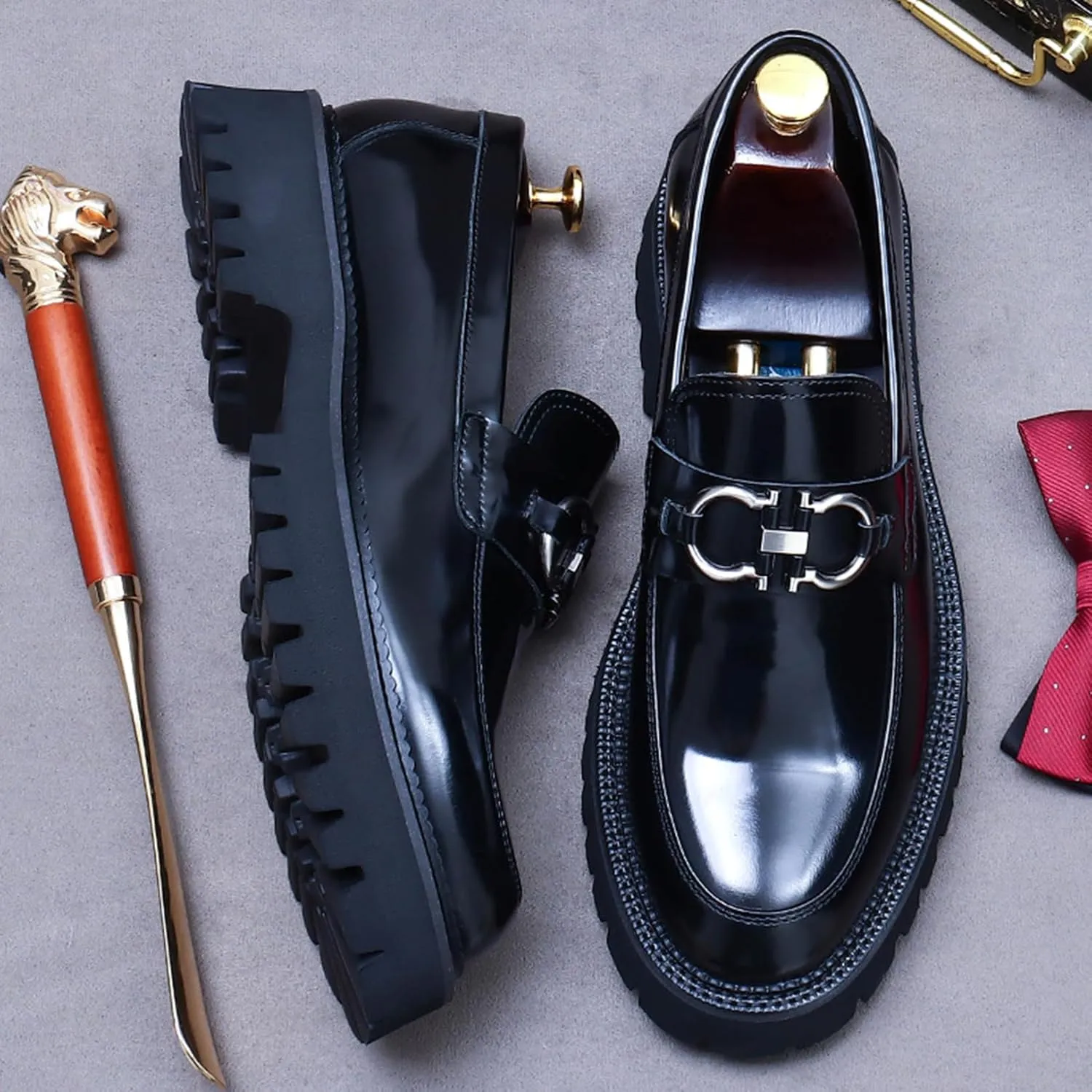 Men's Round-Toe Loafers, Genuine Leather Boat Shoes, Buckle Walking Shoe Casual Leather Shoes for Male