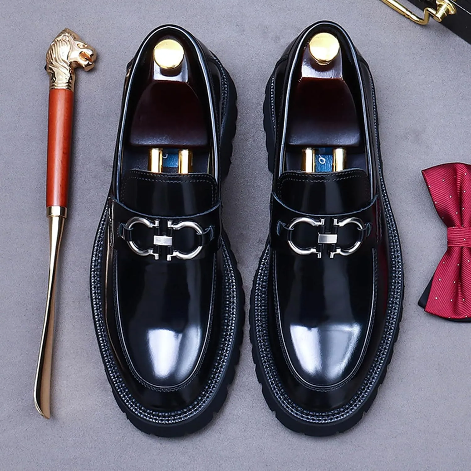 Men's Round-Toe Loafers, Genuine Leather Boat Shoes, Buckle Walking Shoe Casual Leather Shoes for Male