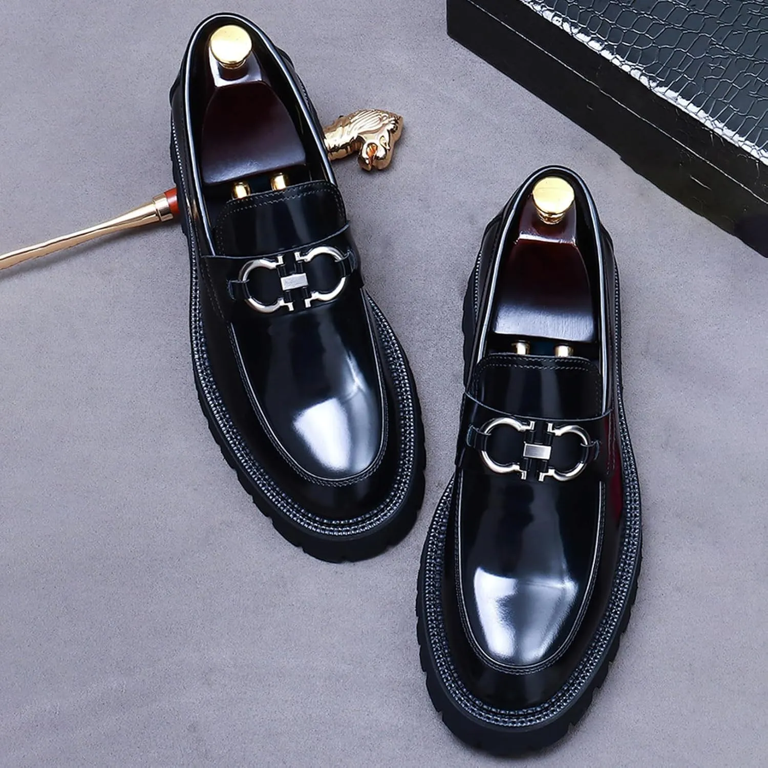 Men's Round-Toe Loafers, Genuine Leather Boat Shoes, Buckle Walking Shoe Casual Leather Shoes for Male