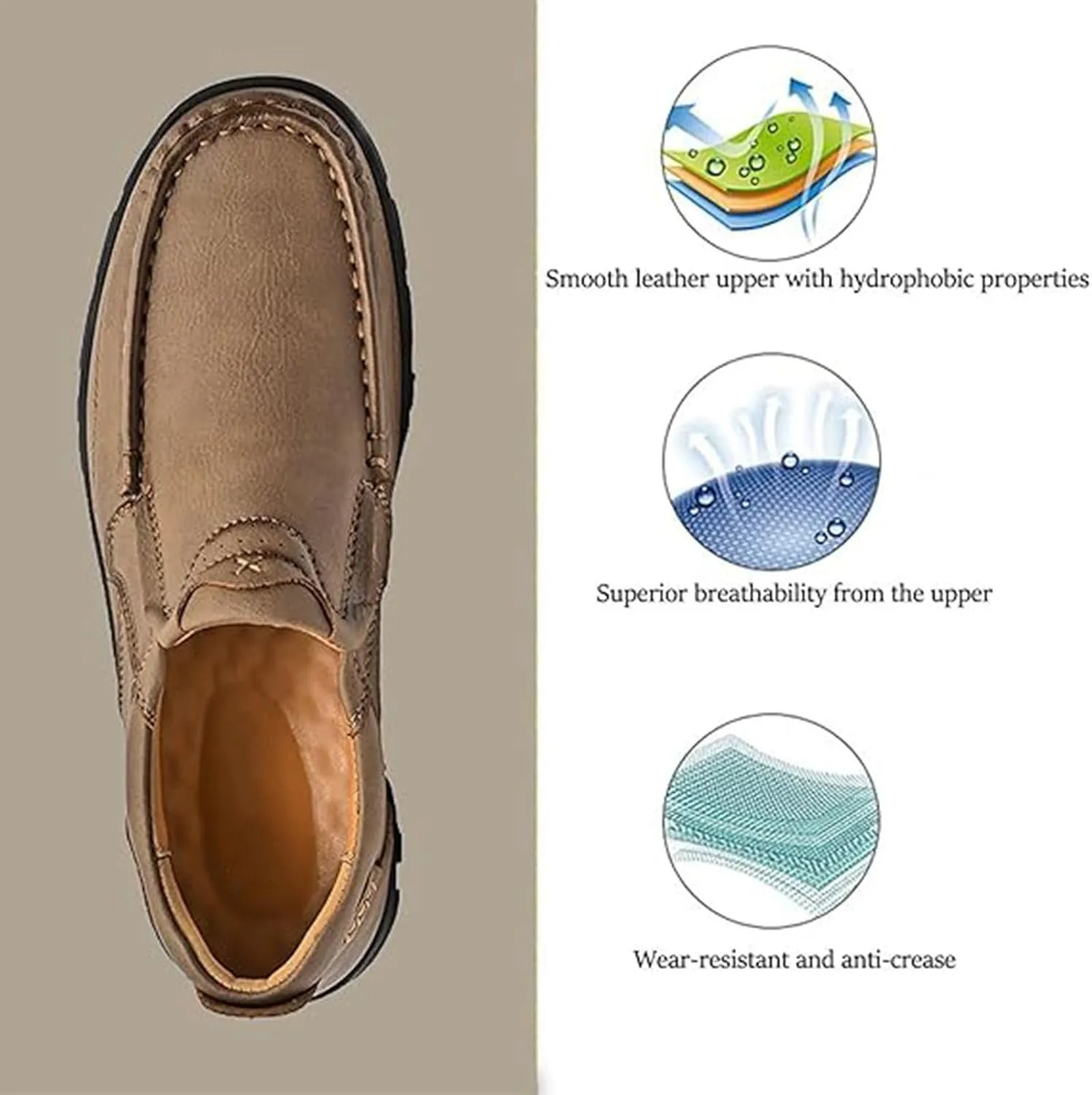 Men's Slip-On Leather Platform Walking Loafers Outdoor Lightweight Non-Slip Soft Sole Hiking Shoes Comfortable Work Office Moccasins Shoes