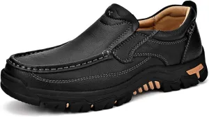 Men's Slip-On Leather Platform Walking Loafers Outdoor Lightweight Non-Slip Soft Sole Hiking Shoes Comfortable Work Office Moccasins Shoes