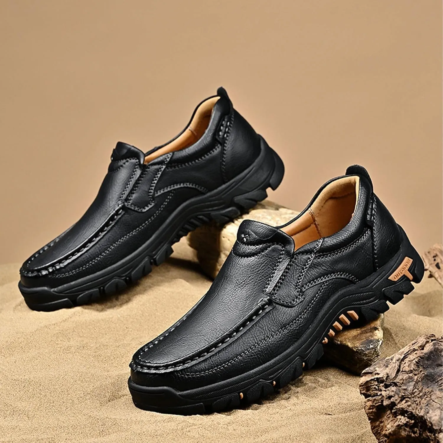 Men's Slip-On Leather Platform Walking Loafers Outdoor Lightweight Non-Slip Soft Sole Hiking Shoes Comfortable Work Office Moccasins Shoes