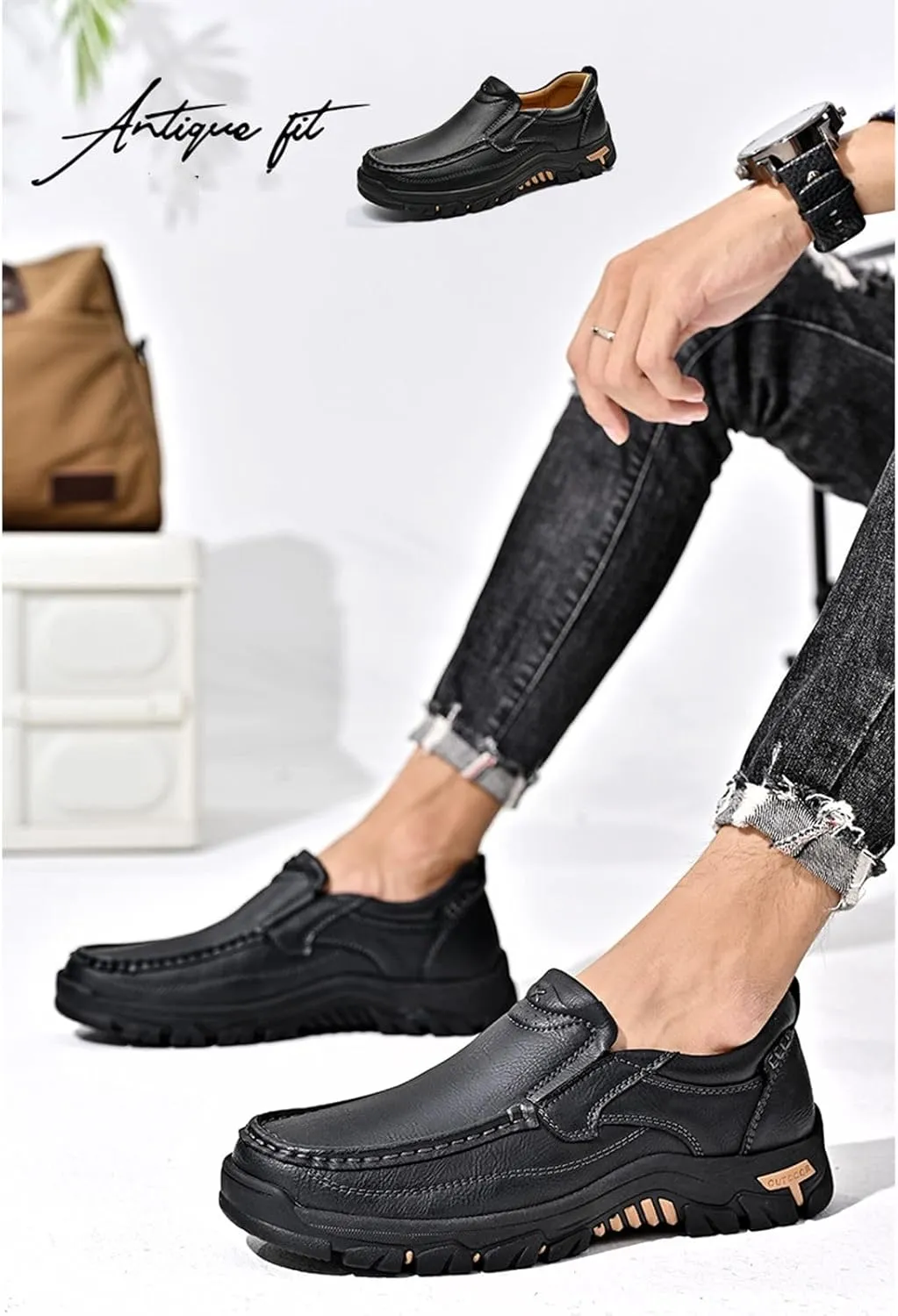 Men's Slip-On Leather Platform Walking Loafers Outdoor Lightweight Non-Slip Soft Sole Hiking Shoes Comfortable Work Office Moccasins Shoes