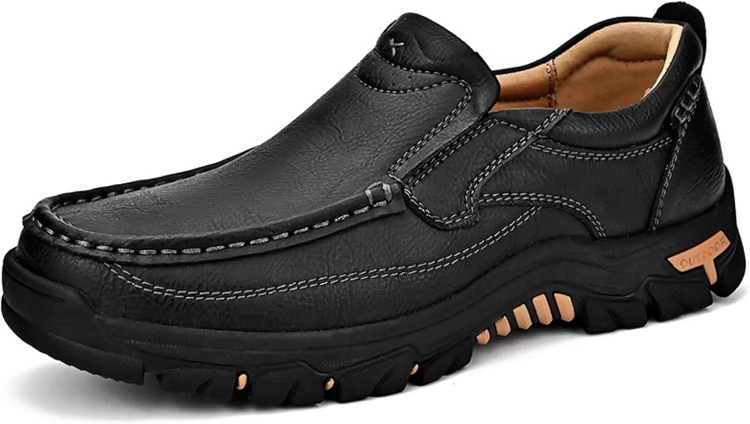 Men's Slip-On Leather Platform Walking Loafers Outdoor Lightweight Non-Slip Soft Sole Hiking Shoes Comfortable Work Office Moccasins Shoes