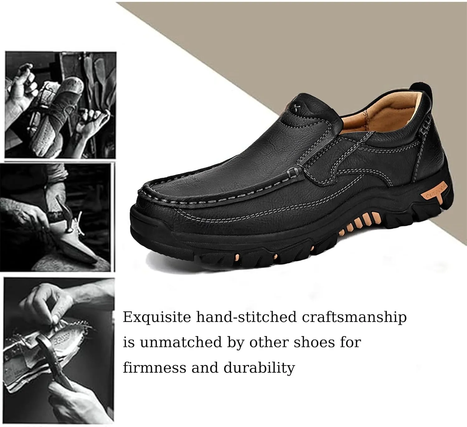 Men's Slip-On Leather Platform Walking Loafers Outdoor Lightweight Non-Slip Soft Sole Hiking Shoes Comfortable Work Office Moccasins Shoes
