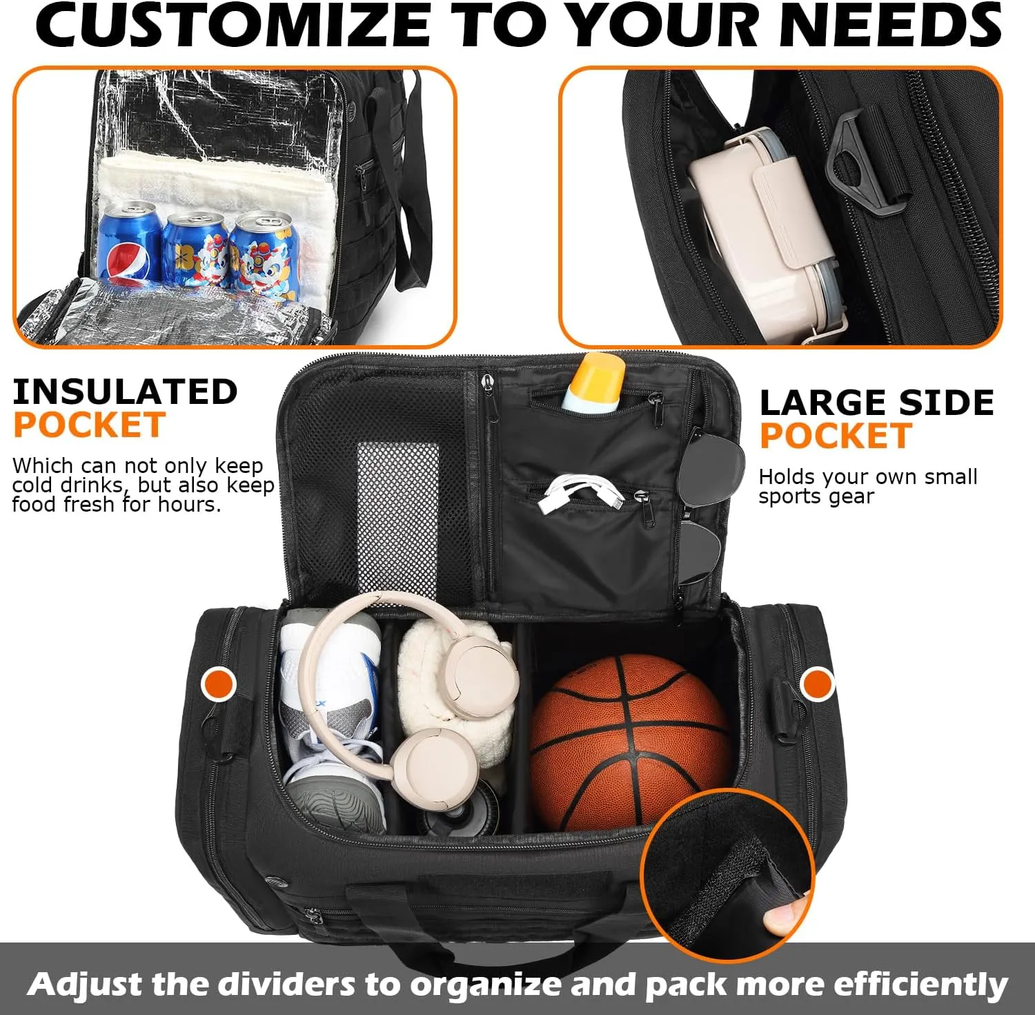 Men's Sneaker Bag for Travel 45L Sports Gym Duffle Bag with 2 adjustable Dividers & Shoulder Strap