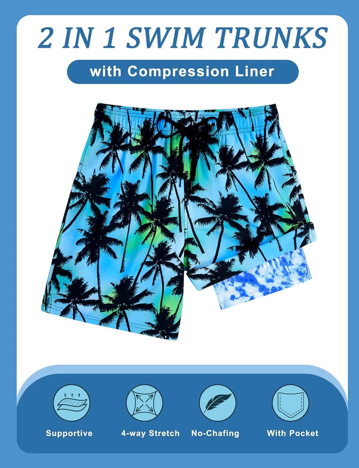 Mens Swim Trunks with Compression Liner 5.5" Inseam Quick Dry Swimsuit Shorts S-XXL