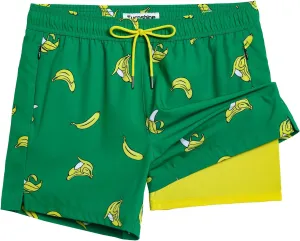 Mens Swim Trunks with Compression Liner 5" Stretch Beach Shorts Quick Dry Bathing Suit Board Shorts Zipper Pockets
