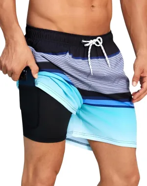 Mens Swim Trunks with Compression Liner Quick Dry Beach Shorts with Zipper Pockets