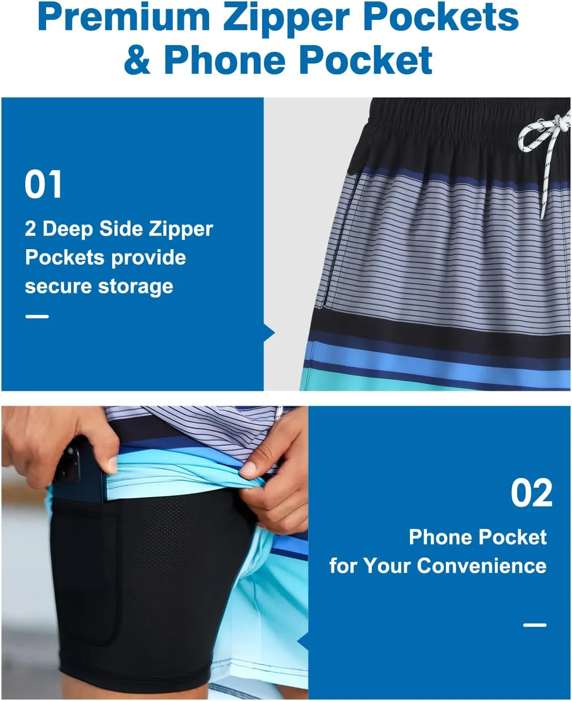 Mens Swim Trunks with Compression Liner Quick Dry Beach Shorts with Zipper Pockets