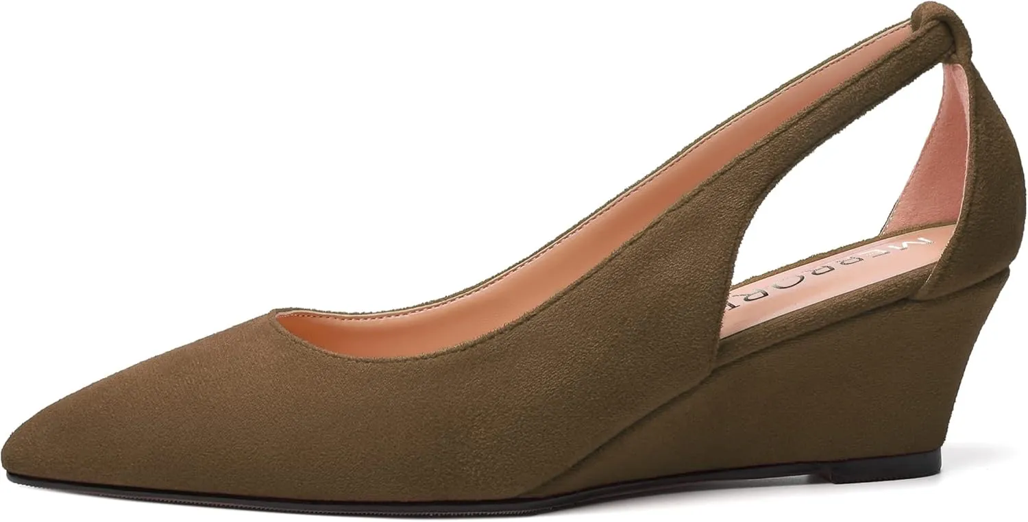 MERRORI Womens Casual Office Pointed Toe Slip On Suede Wedge Low Heel Pumps Shoes 2 Inch