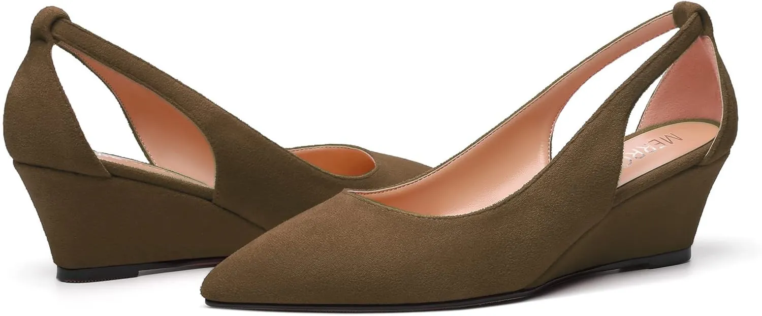 MERRORI Womens Casual Office Pointed Toe Slip On Suede Wedge Low Heel Pumps Shoes 2 Inch