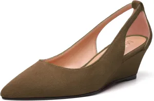 MERRORI Womens Casual Office Pointed Toe Slip On Suede Wedge Low Heel Pumps Shoes 2 Inch