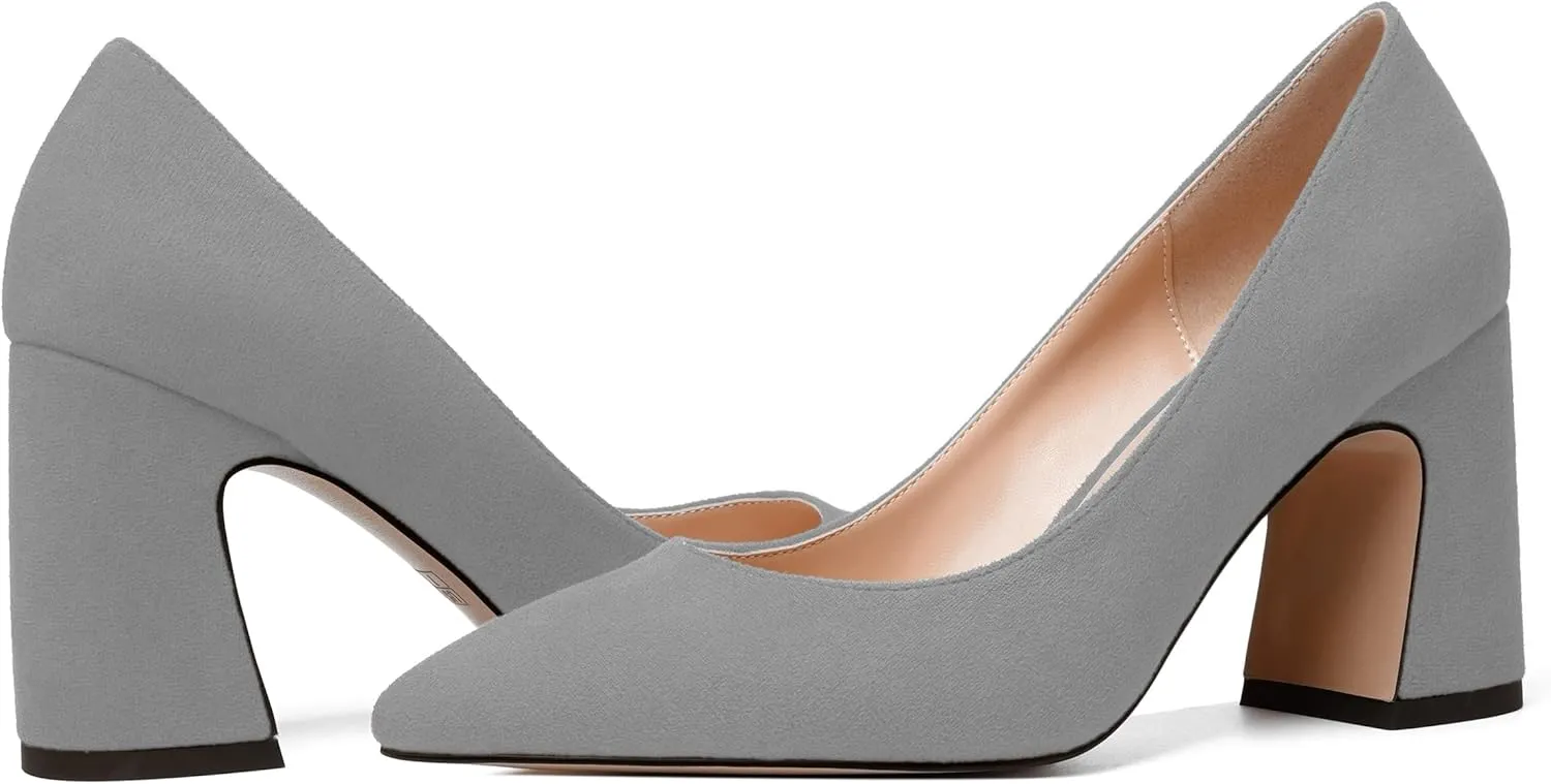 MERRORI Women's High Chunky Heels Block Suede Pointed Toe Office Slip On Dress Heel Pumps Shoes 3.3 Inch