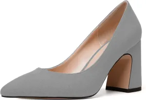 MERRORI Women's High Chunky Heels Block Suede Pointed Toe Office Slip On Dress Heel Pumps Shoes 3.3 Inch