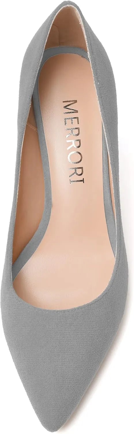 MERRORI Women's High Chunky Heels Block Suede Pointed Toe Office Slip On Dress Heel Pumps Shoes 3.3 Inch