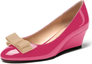MERRORI Women's Round Toe Patent Slip On Dress Shoes Bow Wedge Low Heel Pumps Shoes 2 Inch
