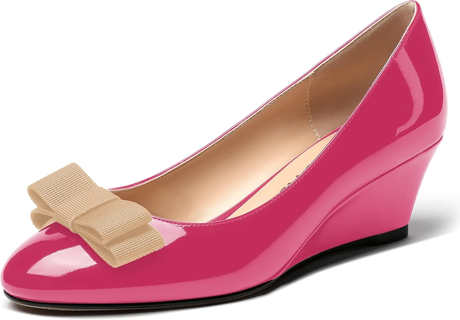 MERRORI Women's Round Toe Patent Slip On Dress Shoes Bow Wedge Low Heel Pumps Shoes 2 Inch