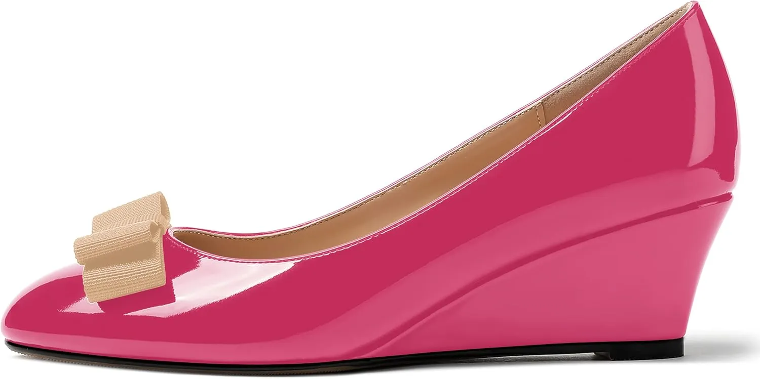 MERRORI Women's Round Toe Patent Slip On Dress Shoes Bow Wedge Low Heel Pumps Shoes 2 Inch