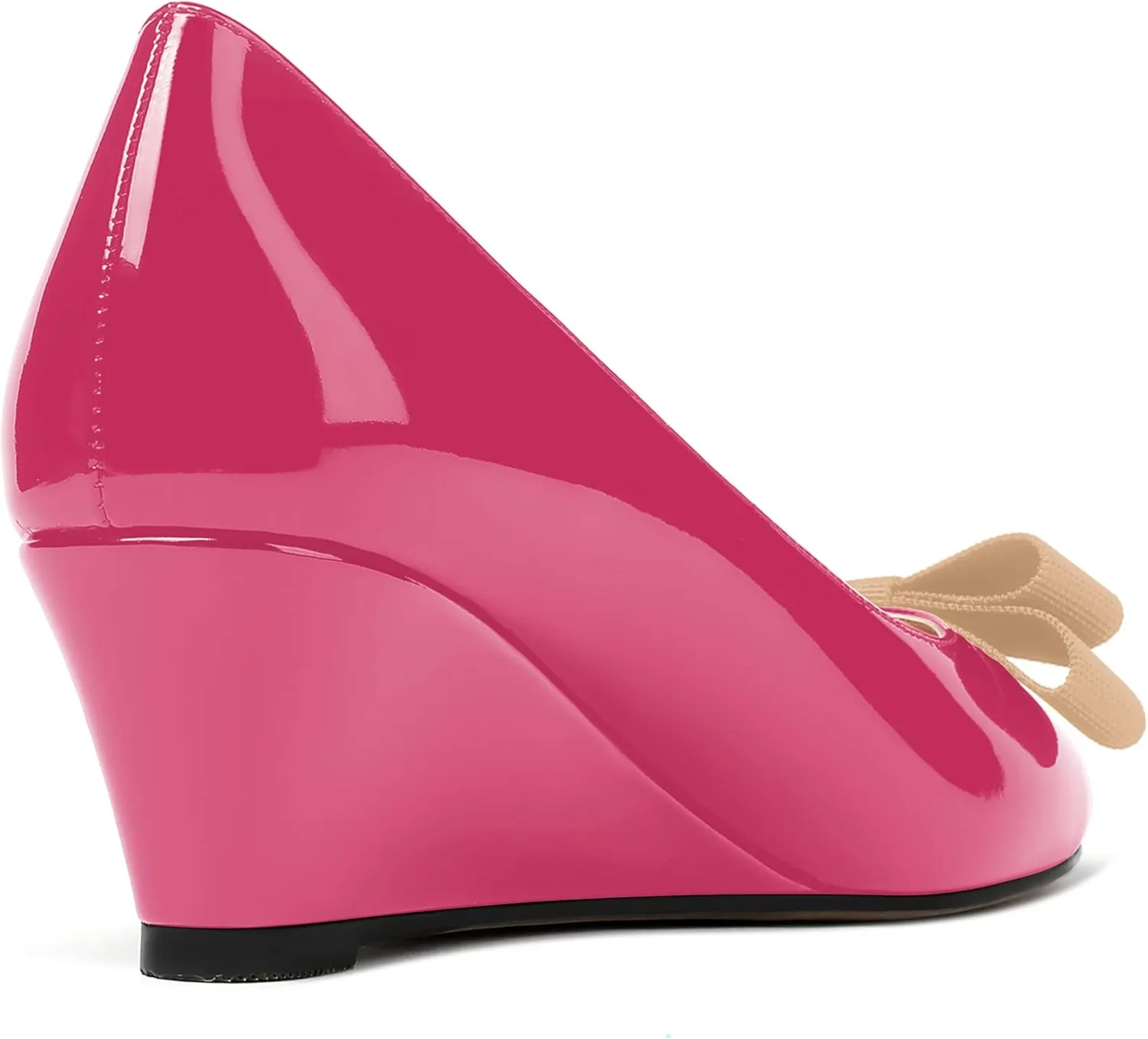 MERRORI Women's Round Toe Patent Slip On Dress Shoes Bow Wedge Low Heel Pumps Shoes 2 Inch