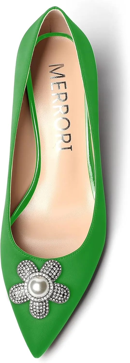MERRORI Womens Simple Casual Slip On Solid Satin Pointed Toe Chunky Low Heel Pumps Shoes 1.5 Inch