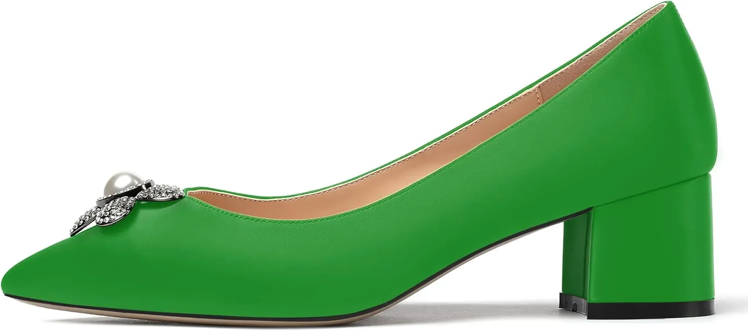 MERRORI Womens Simple Casual Slip On Solid Satin Pointed Toe Chunky Low Heel Pumps Shoes 1.5 Inch