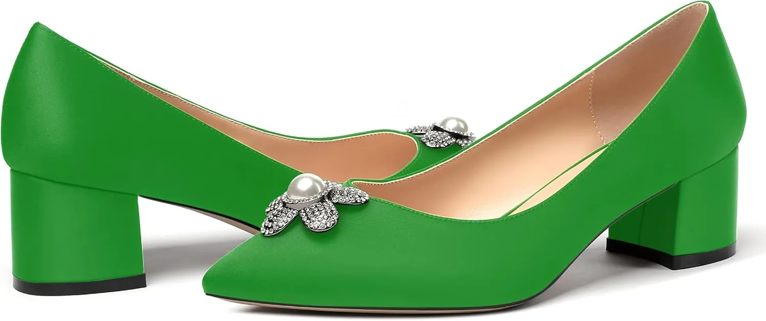 MERRORI Womens Simple Casual Slip On Solid Satin Pointed Toe Chunky Low Heel Pumps Shoes 1.5 Inch