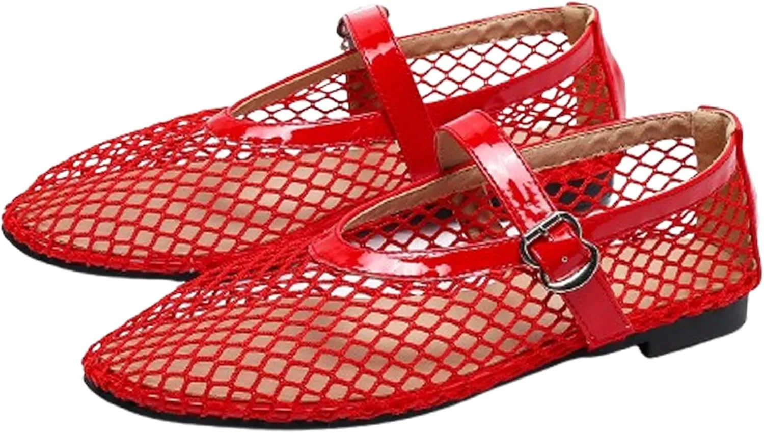 Mesh Ballet Flats for Women Buckle Strap Comfy Casual Office Fishnet Ballerina Flat Shoes Office Summer Ballerina Shoes