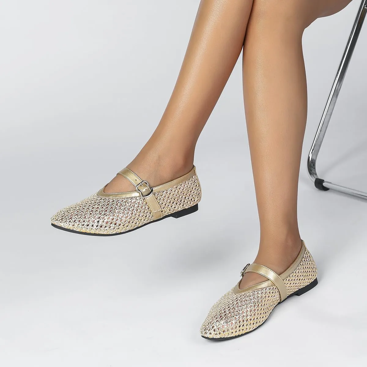 Mesh Ballet Flats for Women Buckle Strap Comfy Casual Office Fishnet Ballerina Flat Shoes Office Summer Ballerina Shoes