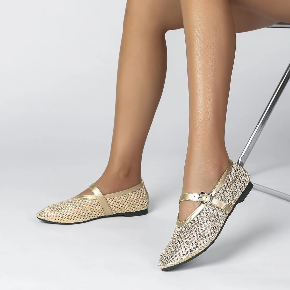 Mesh Ballet Flats for Women Buckle Strap Comfy Casual Office Fishnet Ballerina Flat Shoes Office Summer Ballerina Shoes