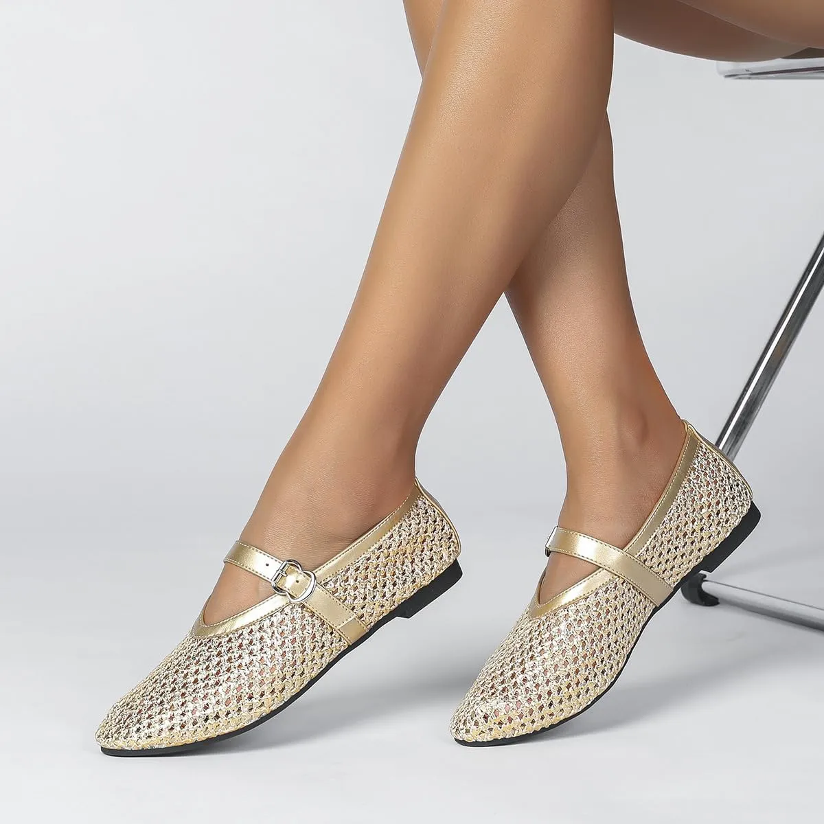 Mesh Ballet Flats for Women Buckle Strap Comfy Casual Office Fishnet Ballerina Flat Shoes Office Summer Ballerina Shoes