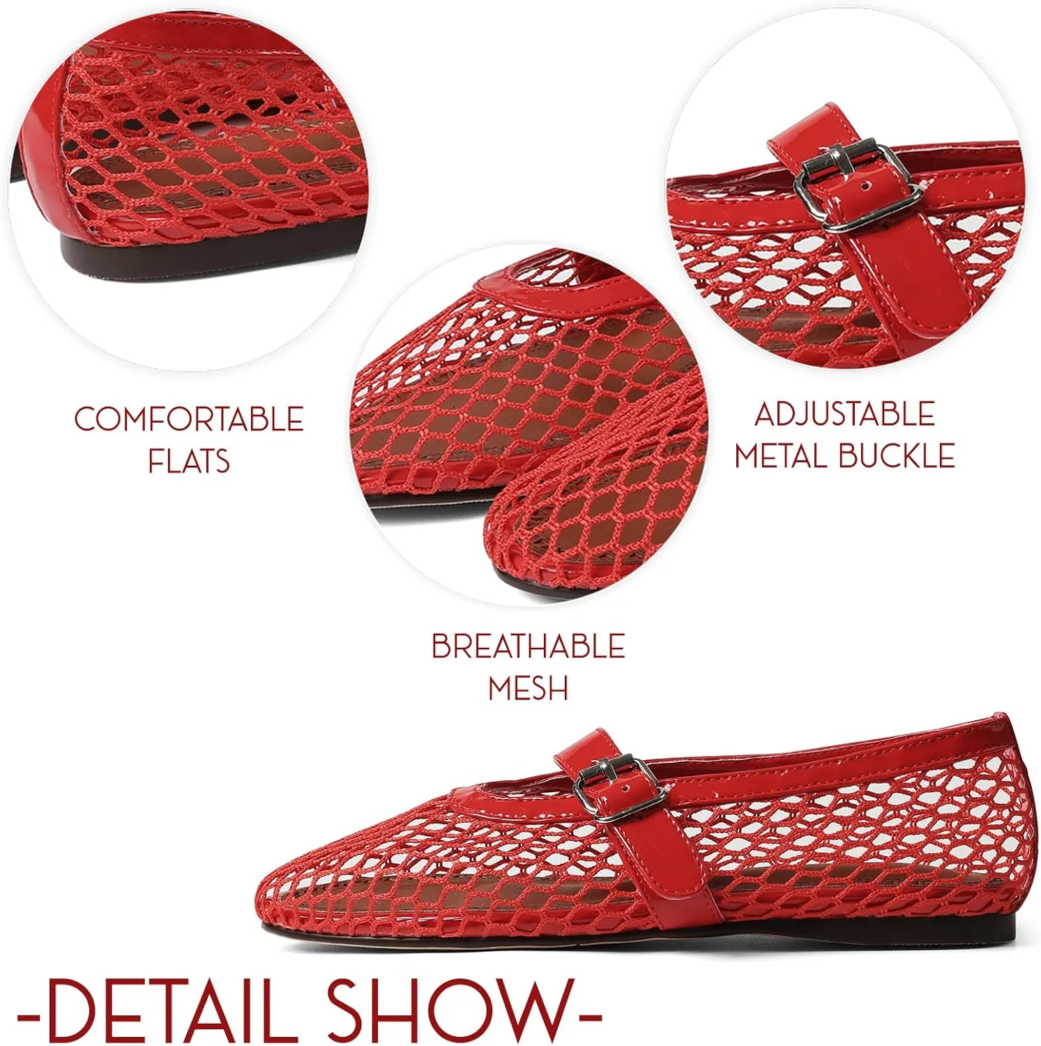 Mesh Ballet Flats for Women Round Toe Ballerina Flats Buckle Ballet Flats Shoes for Women Casual Dress Ballerina Mary Jane Flats
