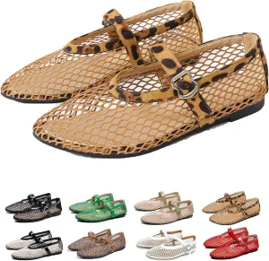 Mesh Ballet Flats for Women Round Toe Buckle Strap Comfy Casual Mesh Ballet Mary Jane Shoes Summer Flats Shoes