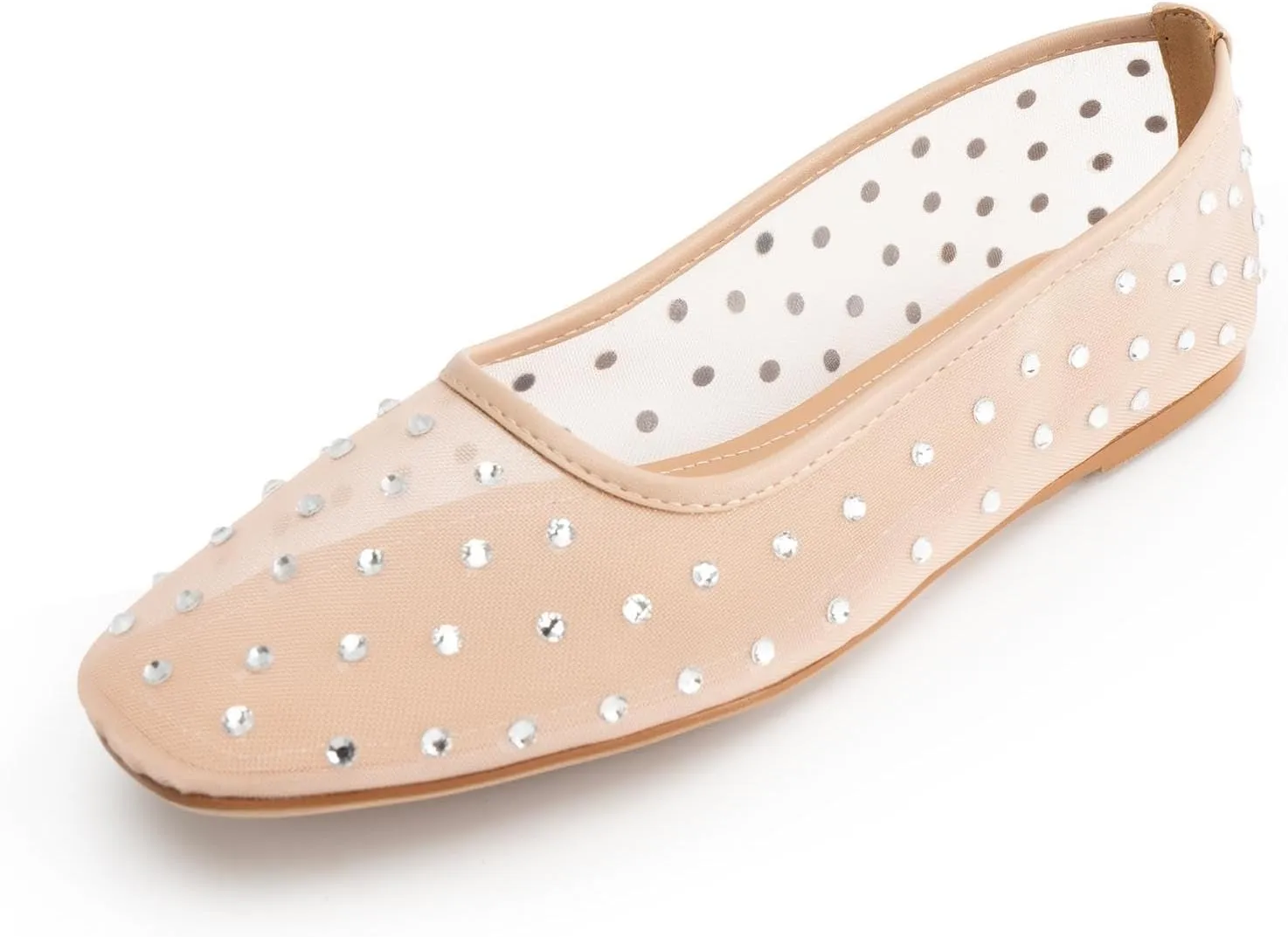 Mesh Ballet Flats for Women,Rhinestone Square Toe Comfortable Ballerina Shoes,Sparkly Crystals Embellished Slip on Wedding Dance Dress Flats Shoes