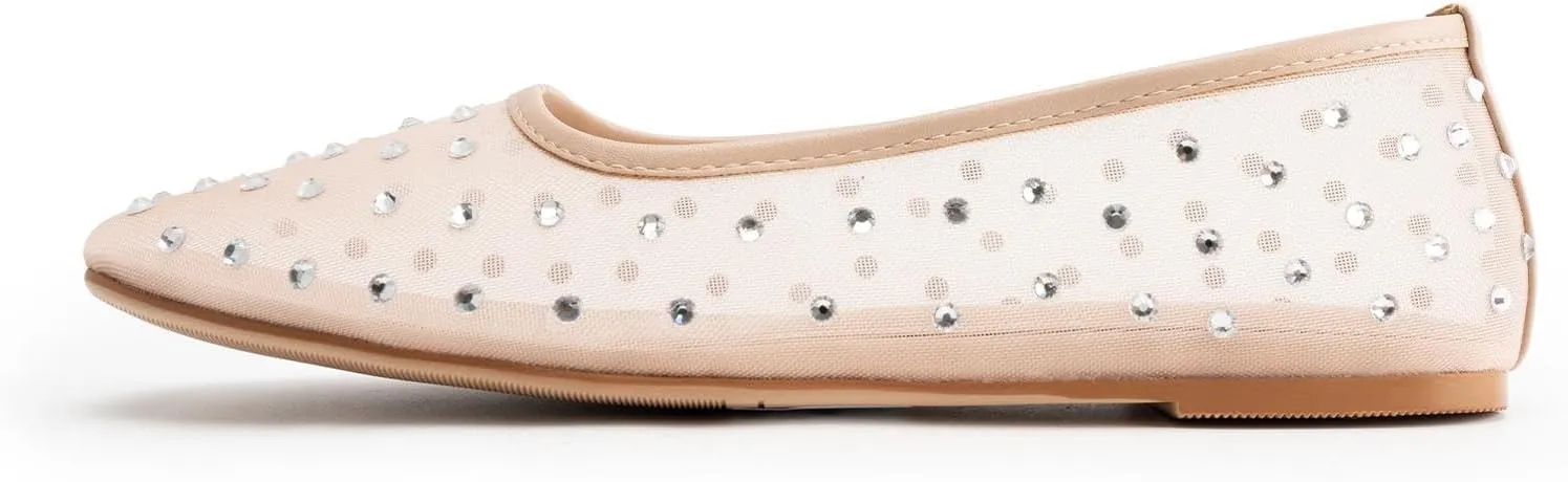 Mesh Ballet Flats for Women,Rhinestone Square Toe Comfortable Ballerina Shoes,Sparkly Crystals Embellished Slip on Wedding Dance Dress Flats Shoes