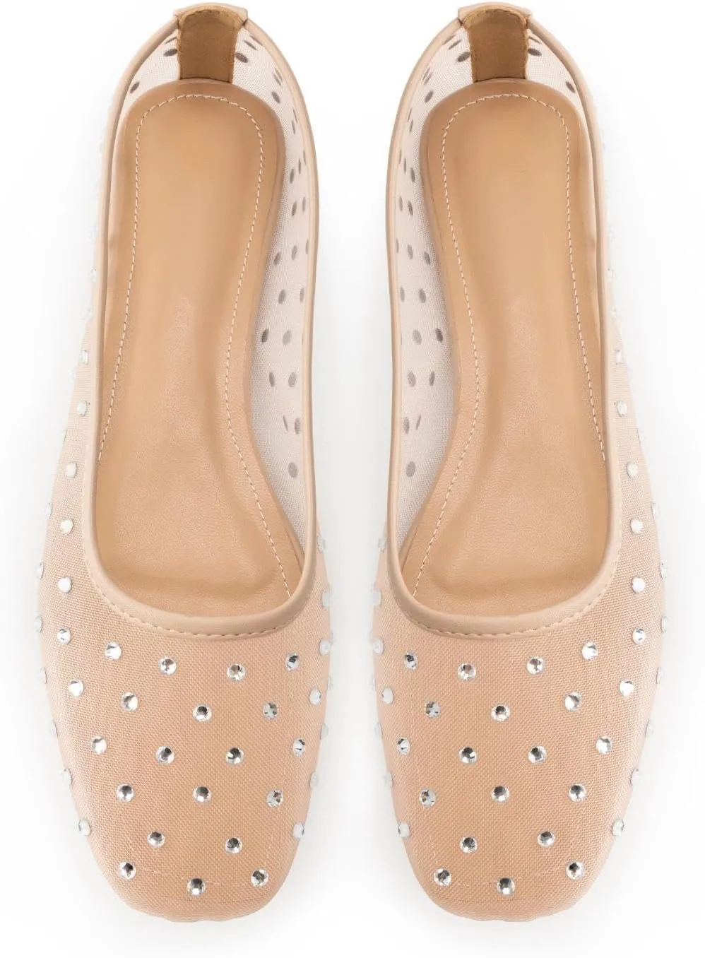 Mesh Ballet Flats for Women,Rhinestone Square Toe Comfortable Ballerina Shoes,Sparkly Crystals Embellished Slip on Wedding Dance Dress Flats Shoes