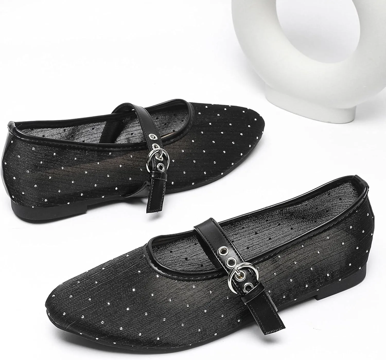 Mesh Mary Jane Flats for Women Ballet Mesh Embroidery Flats Rhinestone Flat Shoes Buckle Ballerina Flats Dressy Comfortable Black Flats