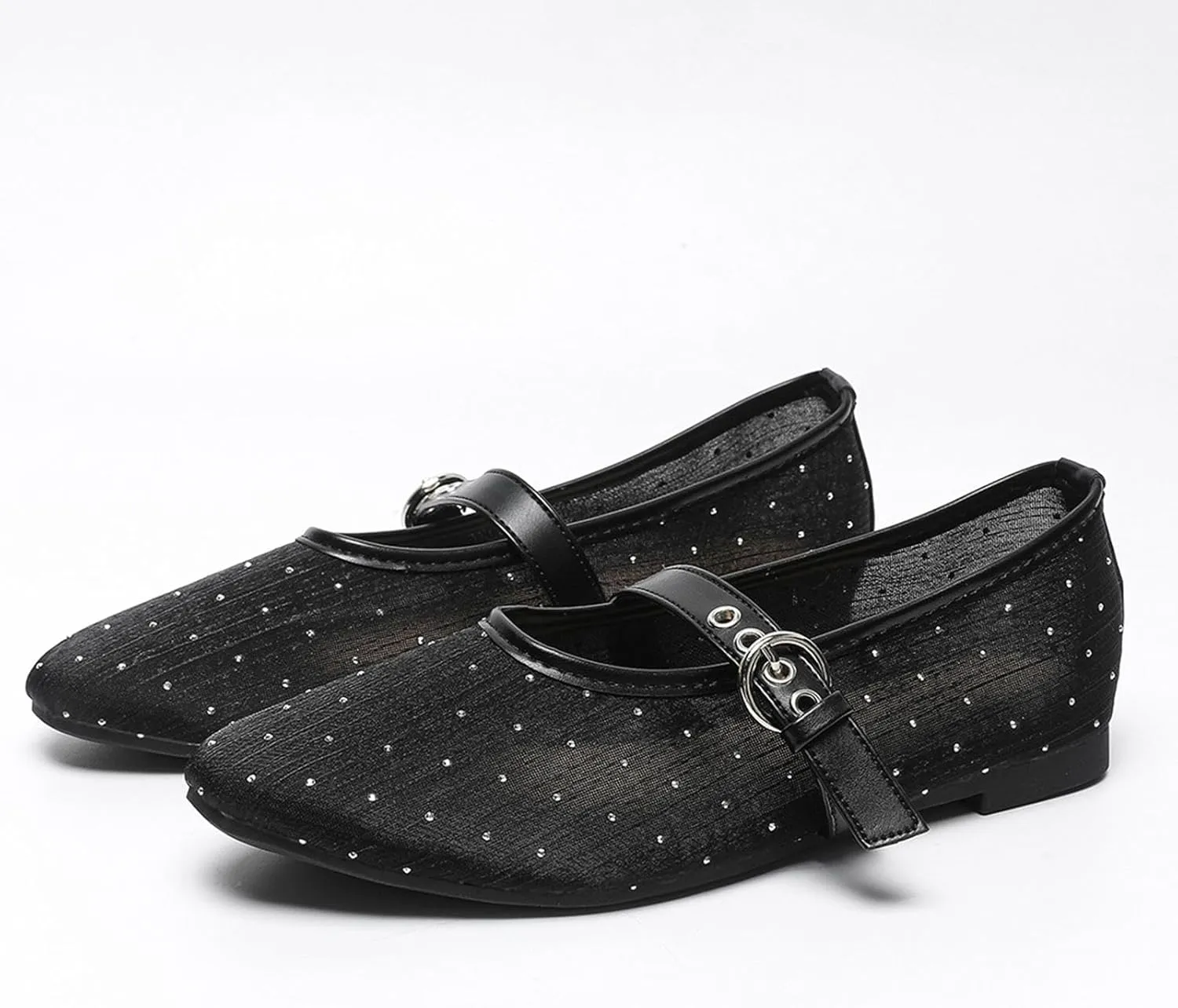 Mesh Mary Jane Flats for Women Ballet Mesh Embroidery Flats Rhinestone Flat Shoes Buckle Ballerina Flats Dressy Comfortable Black Flats